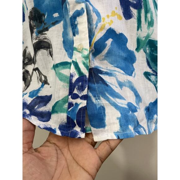 Linen Button Up Floral Blouse M Boho Coastal Resort Maximalist Preppy Office Art - Picture 6 of 12
